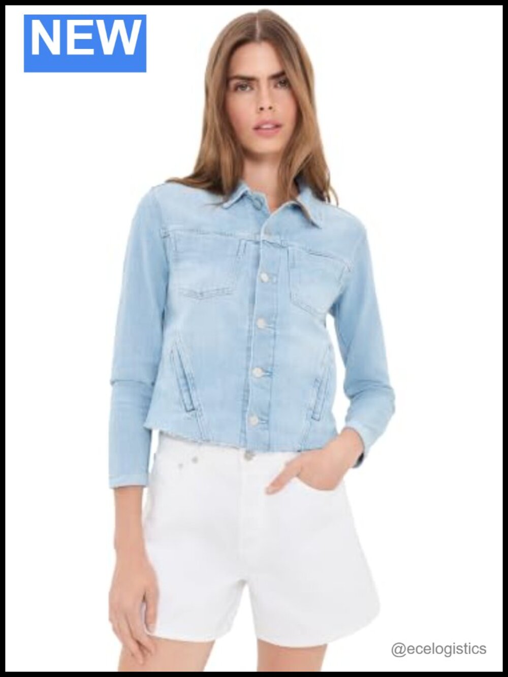 Slim Denim Jacket Raw Hem Patch Pockets Button Placket